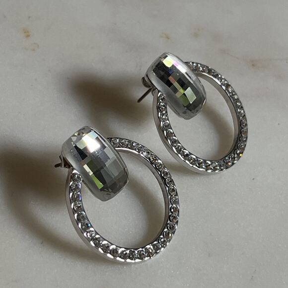 Silver Tone Round Circle Pave Stud Earrings with Rectangle Faceted Stone - Picture 2 of 6